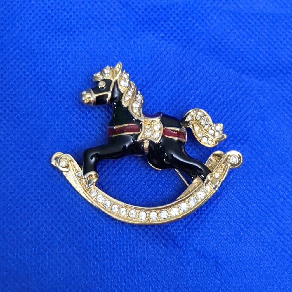 A&S Attwood & Sawyer Black Enamel Clear Crystal Gold Tone Rocking Horse Brooch